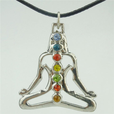 Free shipping 15883 Random rhinestone Alloy Dull Silver Chakra Pendant Buddha Yoga Meditation Crystal 17" Necklace