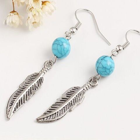 Retro Blue Stone Bead Earrings jewelry Feather Earrings For Women Jewelry gift ER023