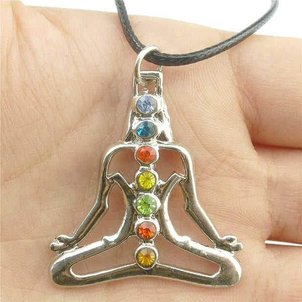 Free shipping 15883 Random rhinestone Alloy Dull Silver Chakra Pendant Buddha Yoga Meditation Crystal 17" Necklace