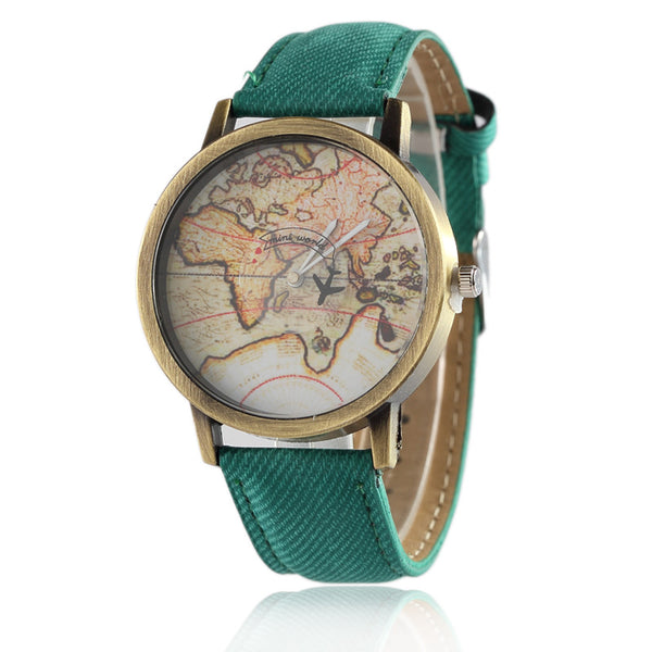 2016 Cowboy strap Map Watch By Plane Watches Women Men Denim Fabric Quartz Watch 7 color sports watches free shipping