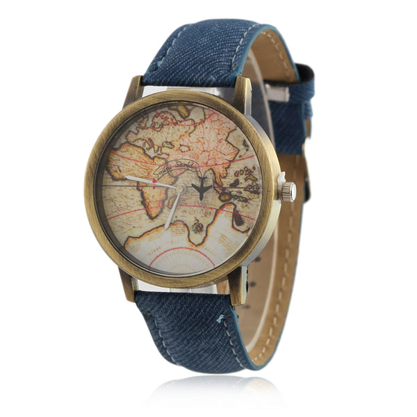 2016 Cowboy strap Map Watch By Plane Watches Women Men Denim Fabric Quartz Watch 7 color sports watches free shipping