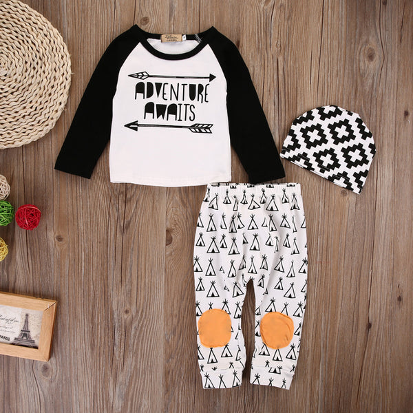 2016 New 0-18M Newborn Baby Boys Girls Clothes Long Sleeve Cotton T-shirt Tops Pants Hat 3PCS Outfit Toddler Kids Clothing Set