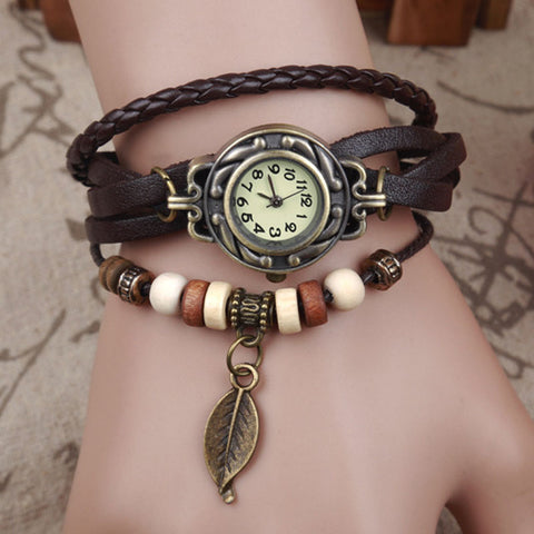 2017 Women Girl Vintage Watches Boho Bracelet Wristwatches For Women With leaf Pendant Punk orologi donna Montre Femme *1011