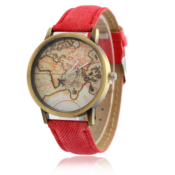 2016 Cowboy strap Map Watch By Plane Watches Women Men Denim Fabric Quartz Watch 7 color sports watches free shipping